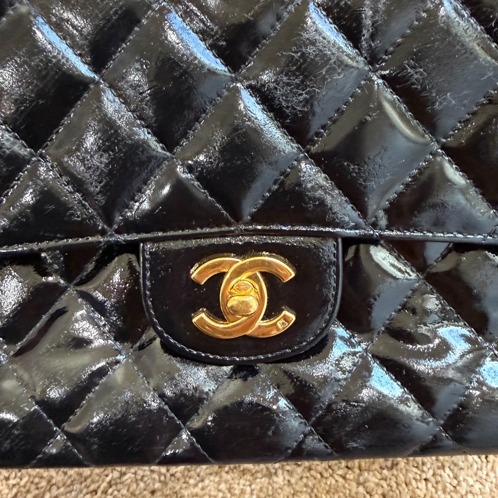 Chanel Double Flap black Patent Quilted Shoulder Bag - Picture 9 of 17